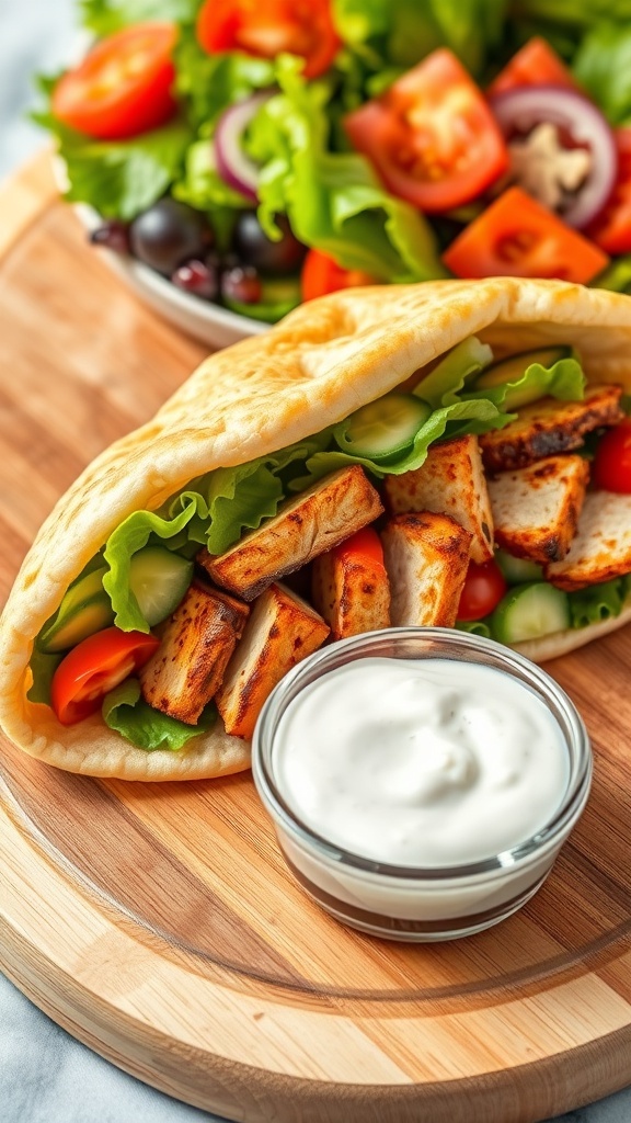 Homemade Pita Bread Sandwiches Recipe Homemade pita bread sandwich with grilled chicken, lettuce, tomatoes, and cucumbers on a wooden board.